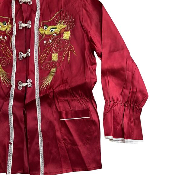 Vintage 70s Chinese Satin Dragon Embroidered Jacket Red Mandarin Collar Small - Picture 3 of 7